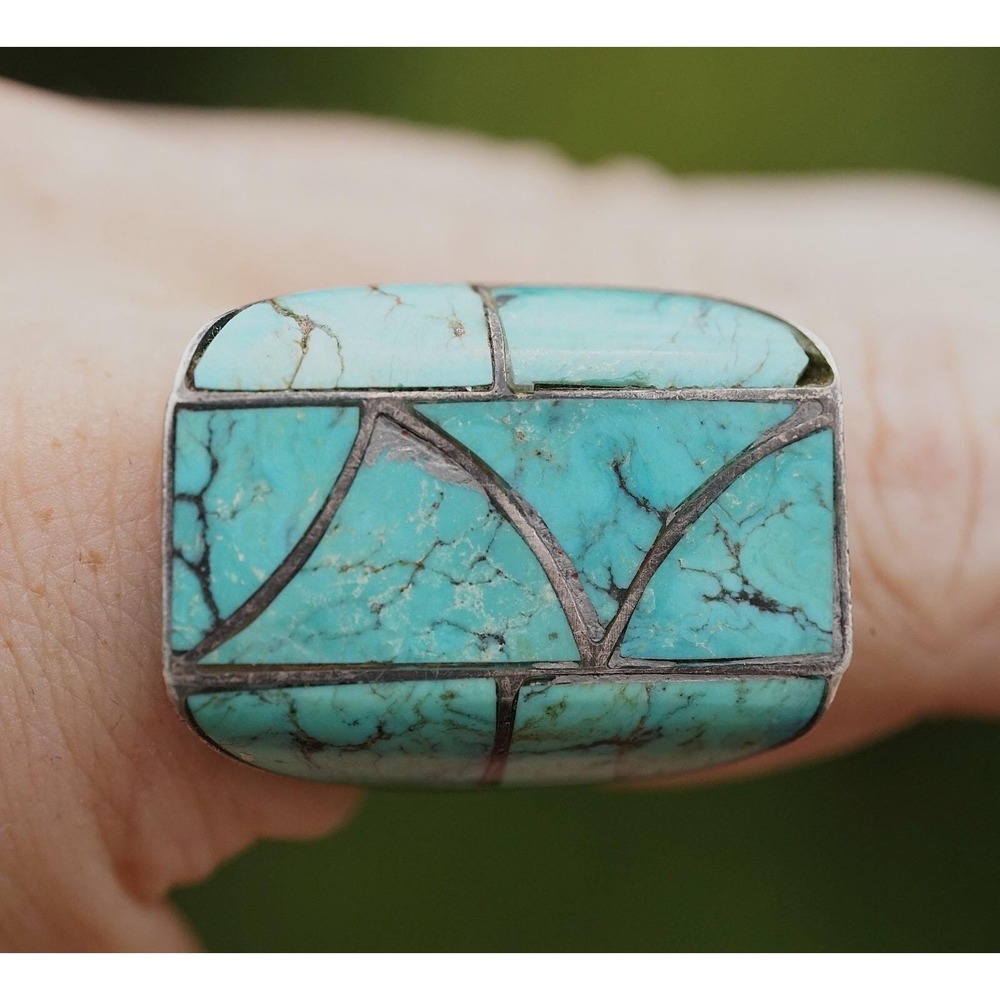 Vintage Size‎ 13 Navajo Sterling Silver 30g Turquoise Inlay Ring - SB Hallmark